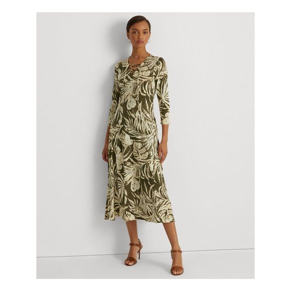 RALPH LAUREN Dresses & Skirts - RALPH LAUREN Womens Green Printed 3/4 Sleeve V Neck Midi Fit + Flare Dress 8